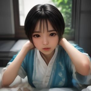 女性编辑坐在暖橙色调工作台前认真核对内容分级资料,表情专注